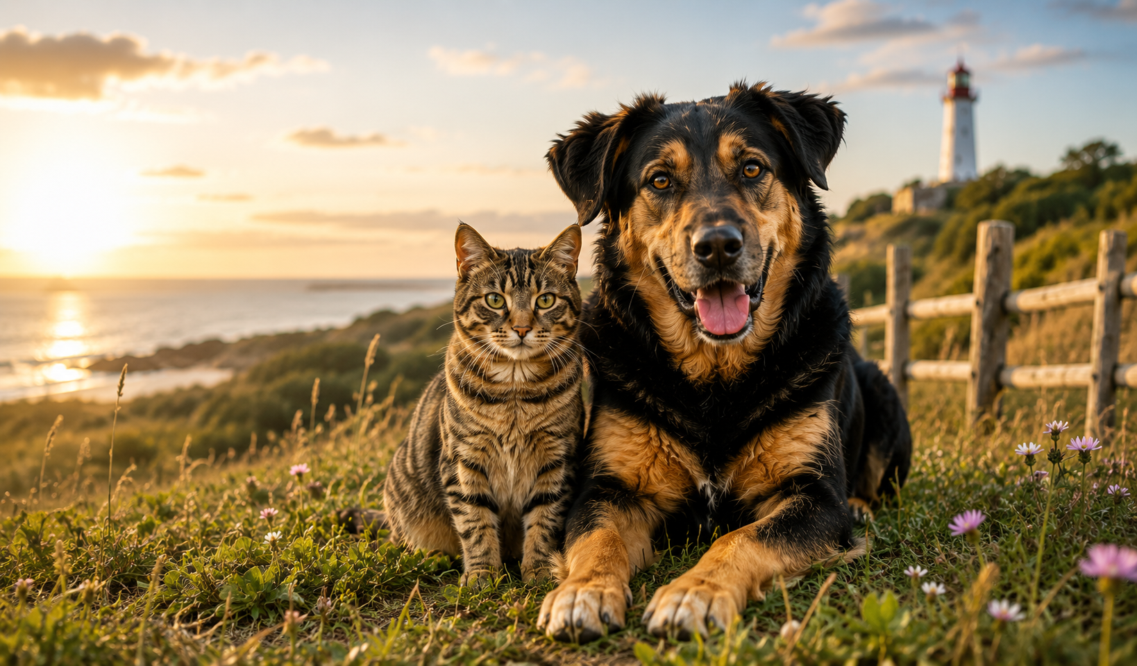 Hund und Katze auf einer Rügener Wiese als Symbol für den Tierschutzverein Rügen/Hiddensee e.V.