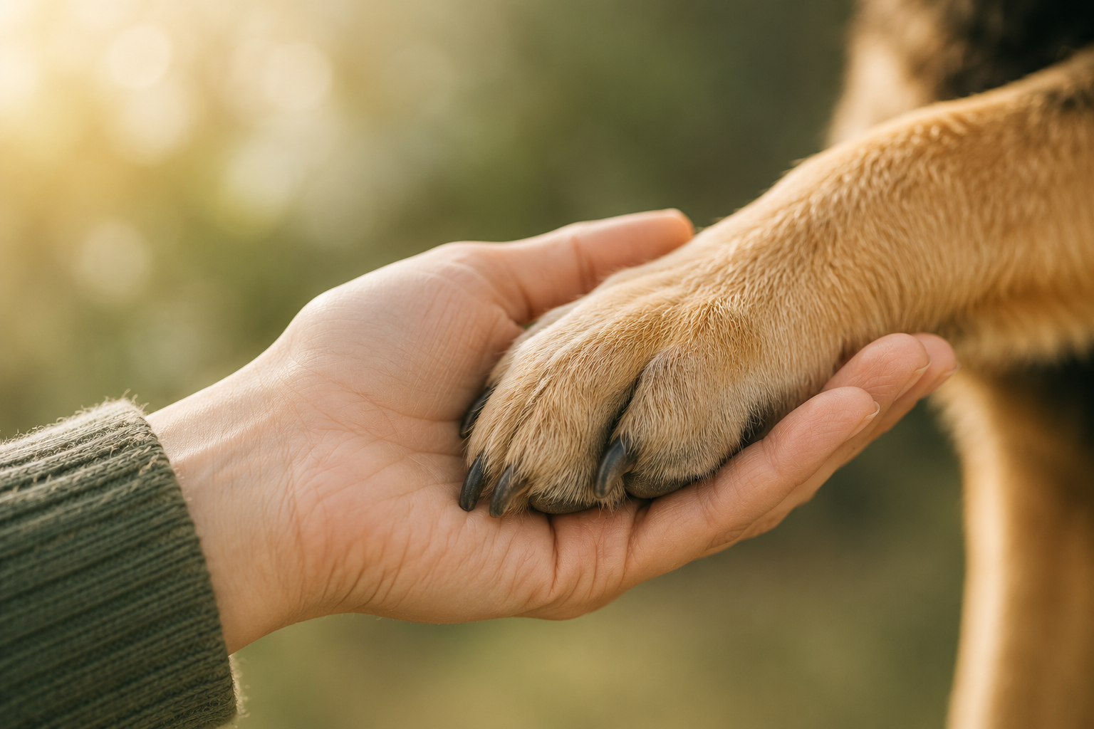 Eine Hand hält behutsam die Pfote eines Hundes
